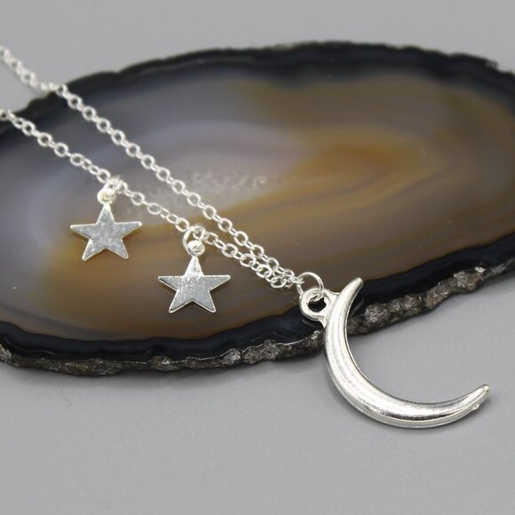 Jewelry necklace sky celestial moon stars silver tone dainty minimalist new - Picture 1 of 7